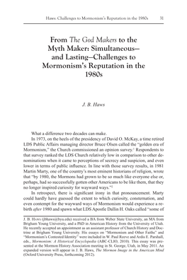 From the God Makers to the Myth Maker: Simultaneous— and Lasting—Challenges to Mormonism’S Reputation in the 1980S