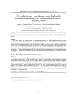 Diversidad De Aves Y Mamíferos En Zonas Donde Anida Rhynchopsitta Pachyrhyncha, En El Municipio De Madera, Chihuahua, México
