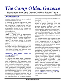 The Camp Olden Gazette News from the Camp Olden Civil War Round Table Spring, 2012 President’S Gavel