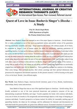 Quest of Love in Isaac Bashevis Singer's Shosha – a Study