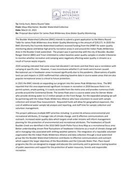 James Peak Wilderness Water Quality Monitoring Approving Roundtable(S) Basin Account Request(S)1 Metro Roundtable $20,771