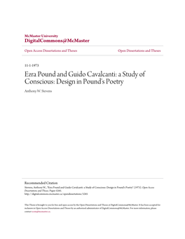 Ezra Pound and Guido Cavalcanti: a Study of Conscious: Design in Pound's Poetry Anthony W