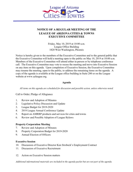 Notice of a Regular Meeting of the League of Arizona Cities & Towns Executive Committee