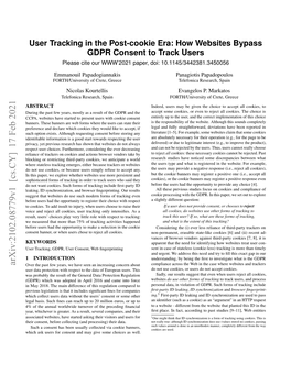 User Tracking in the Post-Cookie Era: How Websites Bypass GDPR Consent to Track Users Please Cite Our WWW’2021 Paper, Doi: 10.1145/3442381.3450056