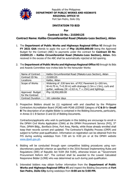 21G00125 Contract Name: Kalibo Circumferential Road (Makato-Lezo Section), Aklan