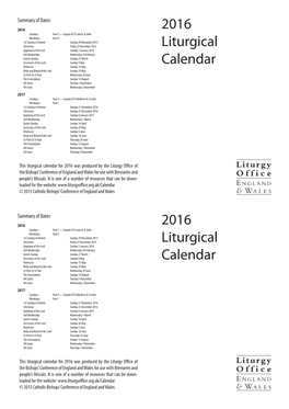 2016 Liturgical Calendar 2016 Liturgical Calendar