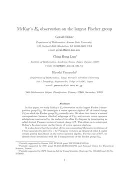 Mckay's E6 Observation on the Largest Fischer Group