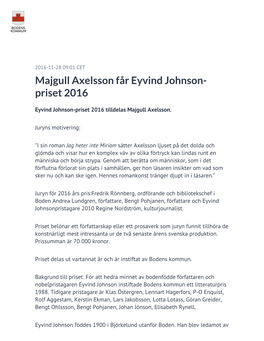 Majgull Axelsson Får Eyvind Johnson-Priset 2016