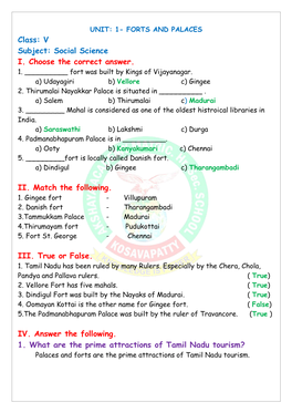 Class: V Subject: Social Science I. Choose the Correct Answer. II