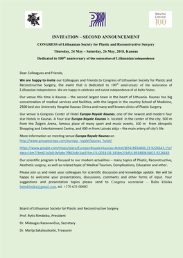 INVITATION – SECOND ANNOUNCEMENT CONGRESS of Lithuanian Society for Plastic and Reconstructive Surgery Thursday, 24 May – Saturday, 26 May, 2018, Kaunas