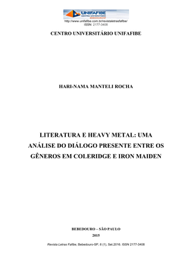 Literatura E Heavy Metal: Uma Análise Do Diálogo Presente Entre Os Gêneros Em Coleridge E Iron Maiden