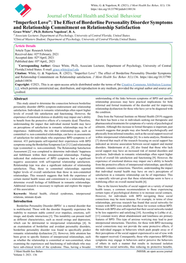 The Effect of Borderline Personality Disorder Symptoms and Relationship Commitment on Relationship Satisfaction Grace White1*, Ph.D, Roberta Napoleon2, B