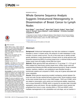 Whole Genome Sequence Analysis Suggests Intratumoral Heterogeneity in Dissemination of Breast Cancer to Lymph Nodes