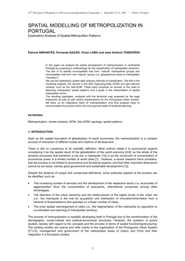 SPATIAL MODELLING of METROPOLIZATION in PORTUGAL Exploratory Analysis of Spatial Metropolitan Patterns