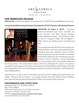 Alexanders Feast Press Release FINAL