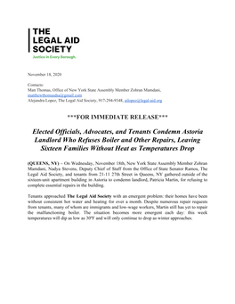 Elected Officials, Advocates, and Tenants Condemn Astoria Landlord Who Refuses Boiler and Other Repairs, Leaving Sixteen Families Without Heat As Temperatures Drop