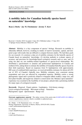 A Mobility Index for Canadian Butterfly Species Based on Naturalists' Knowledge