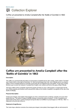 Coffee Urn Presented to Amelia Campbell After the '