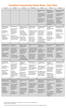 Farestart Community Meals Menu: July 2021