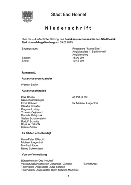 Sitzung Des Bezirksausschusses Für Den Stadtbezirk Bad Honnef-Aegidienberg Am 09.06.2015