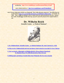 Dr. Wilhelm Reich Scientific Genius – Or Medical Madman?