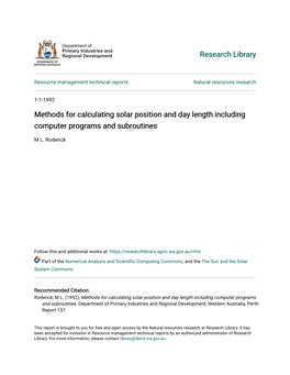 Methods for Calculating Solar Position and Day Length Including Computer Programs and Subroutines