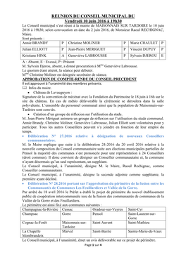 REUNION DU CONSEIL MUNICIPAL DU Vendredi 10 Juin 2016 À 19H30