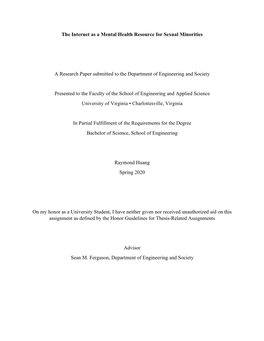 The Internet As a Mental Health Resource for Sexual Minorities a Research Paper Submitted to the Department of Engineering and S