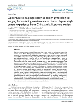 Opportunistic Salpingectomy at Benign Gynecological Surgery for Reducing