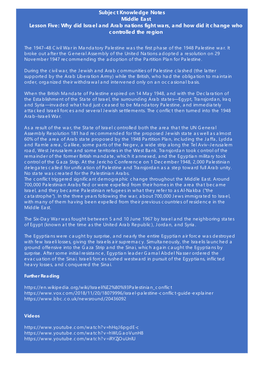 Subject Knowledge Notes Middle East Lesson Five: Why Did Israel and Arab Nations Fight Wars, and How Did It Change Who Controlled the Region