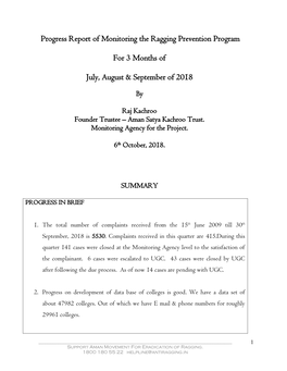 Progress Report of Monitoring the Ragging Prevention Program for 3 Months of July, August & September of 2018