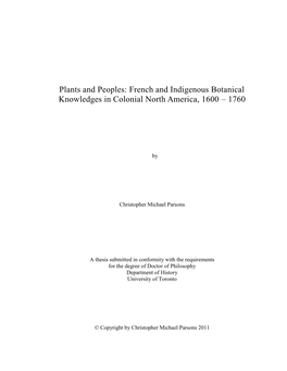 Plants and Peoples: French and Indigenous Botanical Knowledges in Colonial North America, 1600 – 1760