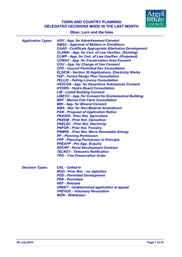 TOWN and COUNTRY PLANNING DELEGATED DECISIONS MADE in the LAST MONTH Oban, Lorn and the Isles
