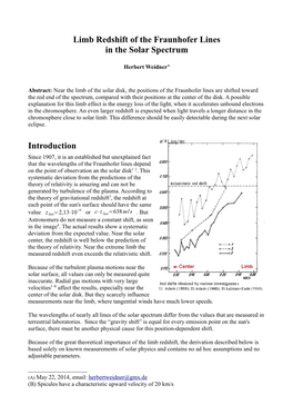 Limb Redshift of the Fraunhofer Lines in the Solar Spectrum Introduction