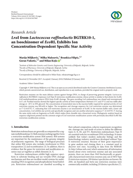 Research Article Lrai from Lactococcus Raffinolactis BGTRK10-1, an Isoschizomer of Ecori, Exhibits Ion Concentration-Dependent Specific Star Activity