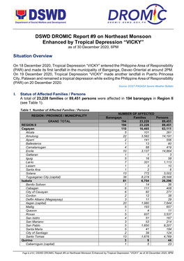 DSWD DROMIC Report #9 on Northeast Monsoon Enhanced by Tropical Depression “VICKY” As of 30 December 2020, 6PM