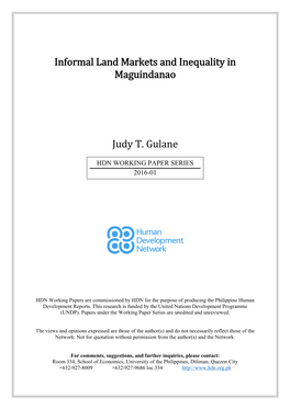 Informal Land Markets and Inequality in Maguindanao