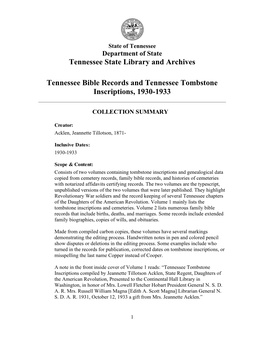 Tennessee Bible Records and Tennessee Tombstone Inscriptions, 1930-1933