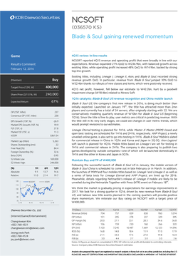 NCSOFT (036570 KS) Blade & Soul Gaining Renewed Momentum