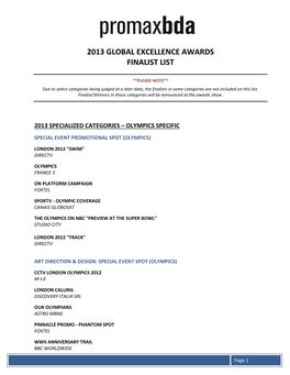 2013 Global Excellence Awards Finalist List