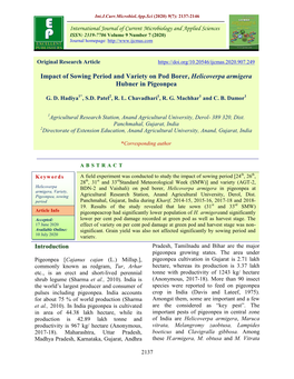 Impact of Sowing Period and Variety on Pod Borer, Helicoverpa Armigera Hubner in Pigeonpea