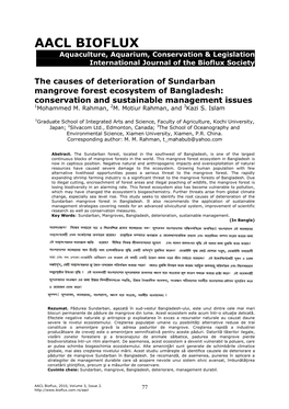 The Causes of Deterioration of Sundarban Mangrove Forest Ecosystem of Bangladesh: Conservation and Sustainable Management Issues 1Mohammed M