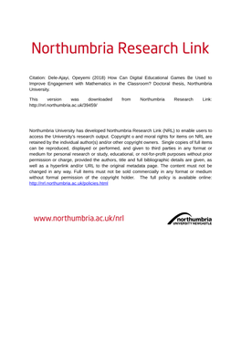 Dele-Ajayi, Opeyemi (2018) How Can Digital Educational Games Be Used to Improve Engagement with Mathematics in the Classroom? Doctoral Thesis, Northumbria University