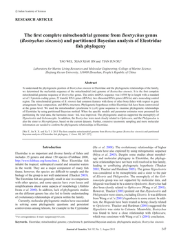 Bostrychus Sinensis) and Partitioned Bayesian Analysis of Eleotridae ﬁsh Phylogeny