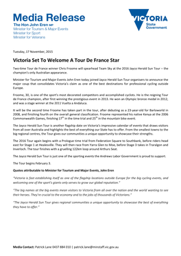 Victoria Set to Welcome a Tour De France Star