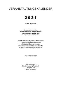 Veranstaltungskalender 2021 Für Die Stadt Mosbach Zum Download