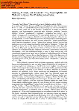 “Cribb‟D, Cabined, and Confined”: Fear, Claustrophobia and Modernity in Richard Marsh‟S Urban Gothic Fiction