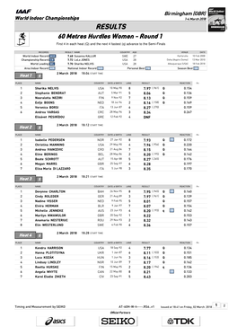 RESULTS 60 Metres Hurdles Women - Round 1 First 4 in Each Heat (Q) and the Next 4 Fastest (Q) Advance to the Semi-Finals