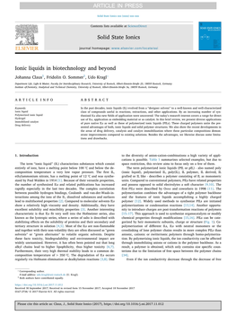 Ionic Liquids in Biotechnology and Beyond ⁎ Johanna Claus1, Fridolin O