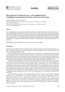 Dikerogammarus Istanbulensis Sp. N., a New Amphipod Species (Amphipoda: Gammaridae) from Turkey with a Key for the Genus